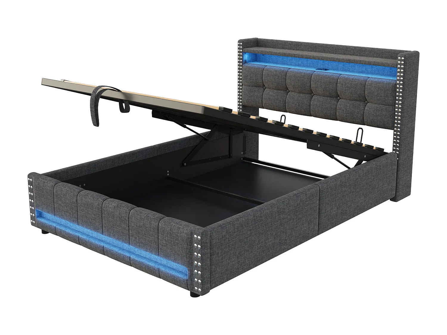 Linnenopbergbed 140x200cm - met LED & USB-aansluiting - met lattenbodem - Grijs