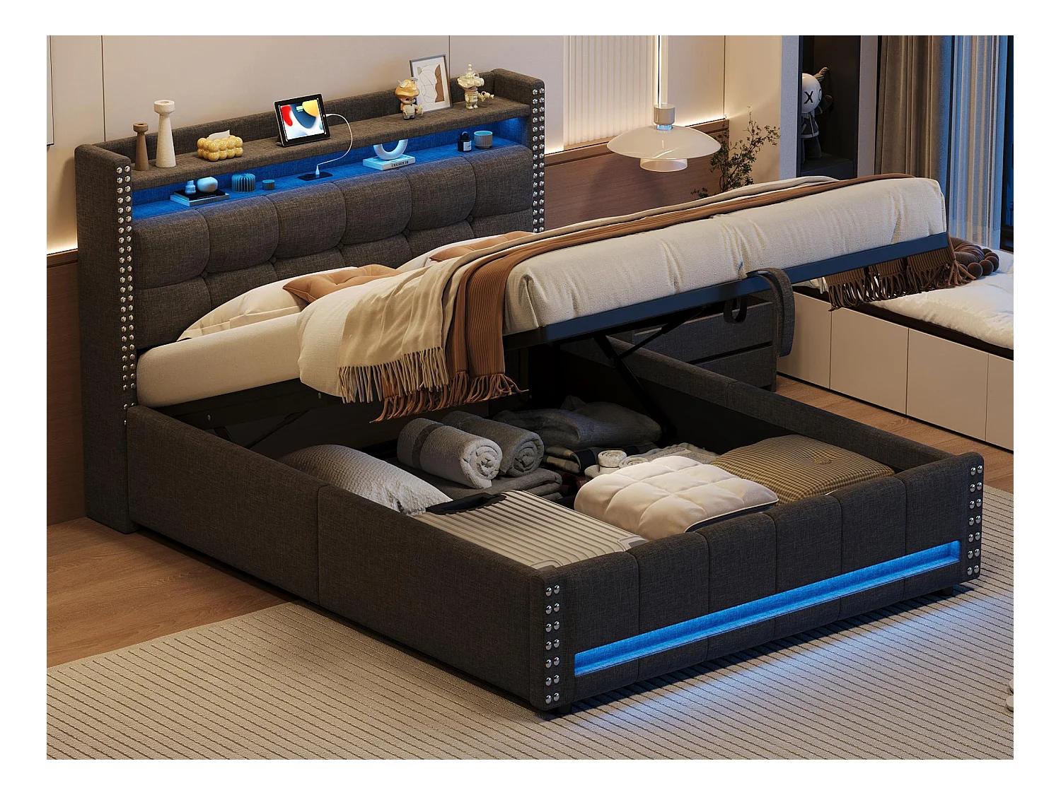 Lit coffre 140x200cm en lin - avec LED & prise USB - avec sommier à lattes - Gris