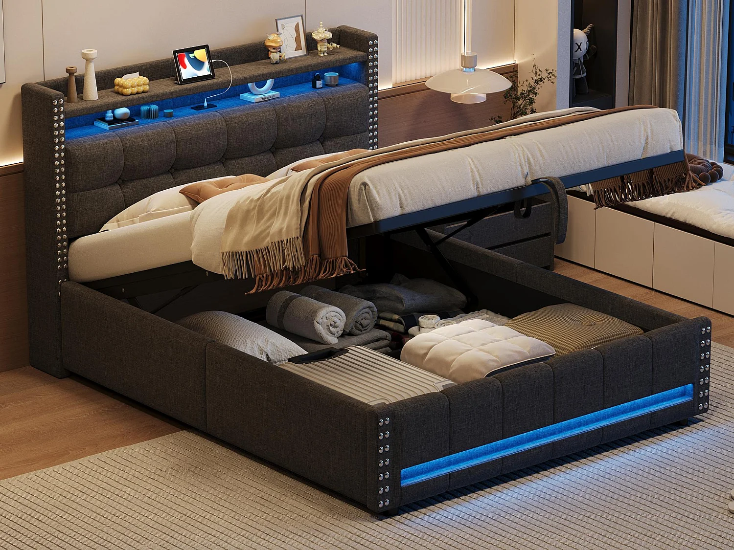 Letto contenitore in lino 140x200 cm - con LED e presa USB - con rete a doghe - Grigio