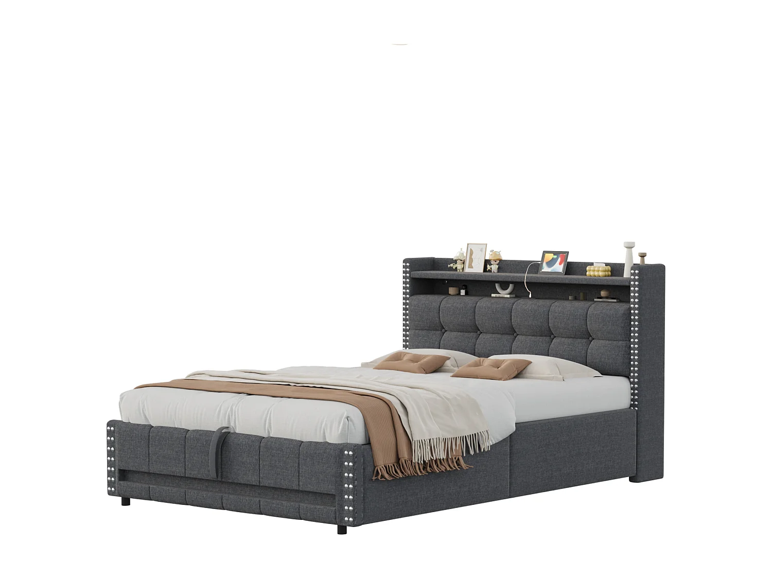 Letto contenitore in lino 140x200 cm - con LED e presa USB - con rete a doghe - Grigio