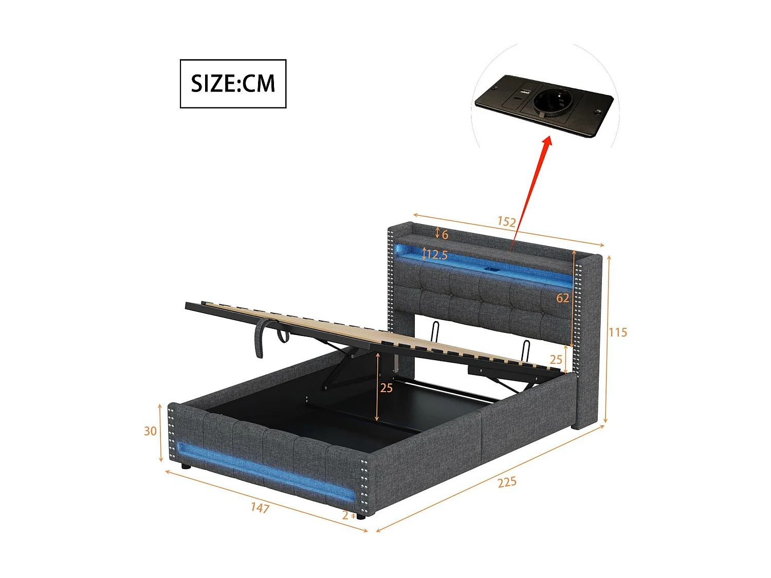 Letto contenitore in lino 140x200 cm - con LED e presa USB - con rete a doghe - Grigio