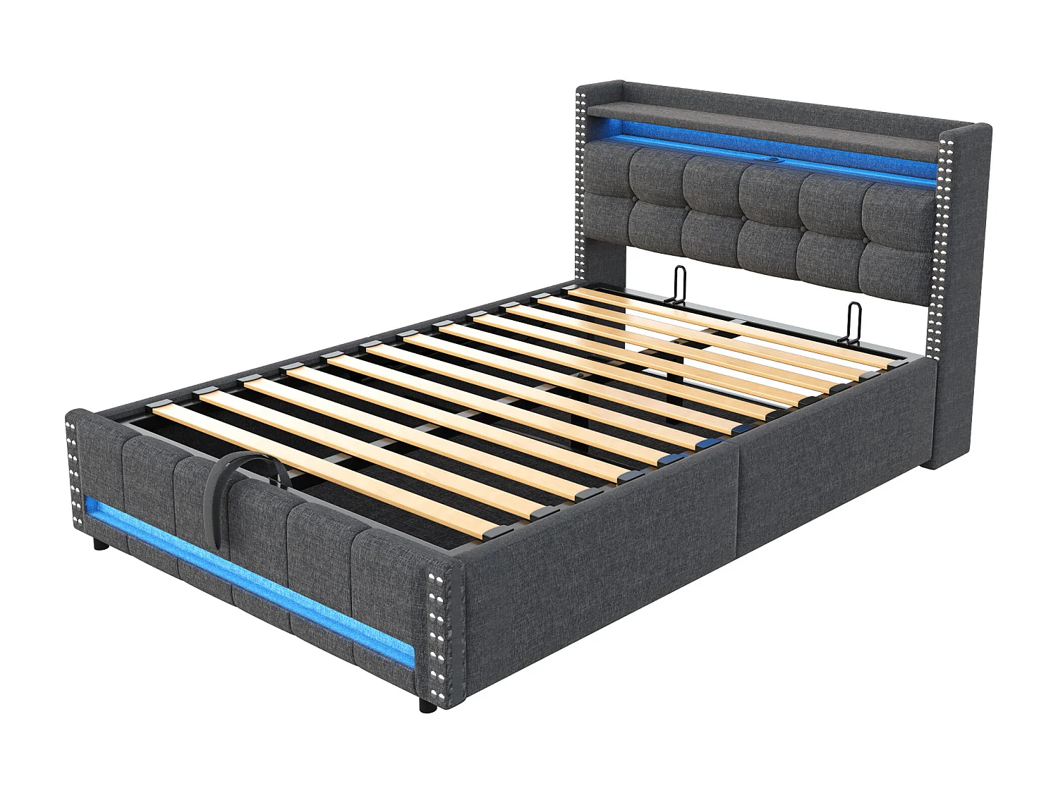 Letto contenitore in lino 140x200 cm - con LED e presa USB - con rete a doghe - Grigio