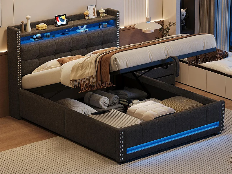 Bett mit Stauraum aus Leinen, 140 x 200 cm – mit LED- und USB-Steckdose – mit Lattenrost – Grau