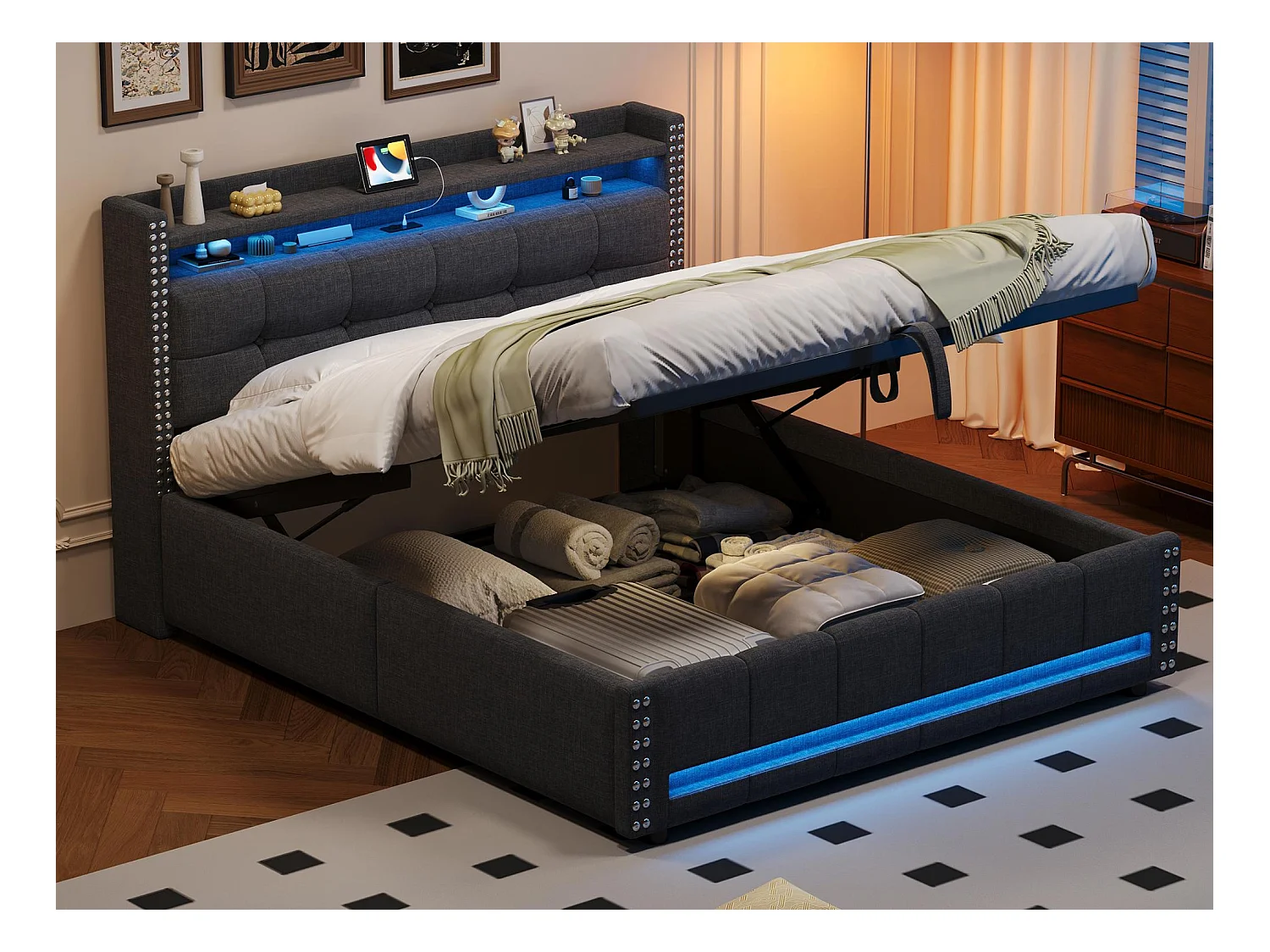 Łóżko z pojemnikiem 160x200cm z lnu - z LED i gniazdem USB - z stelażem na listwy - Szare