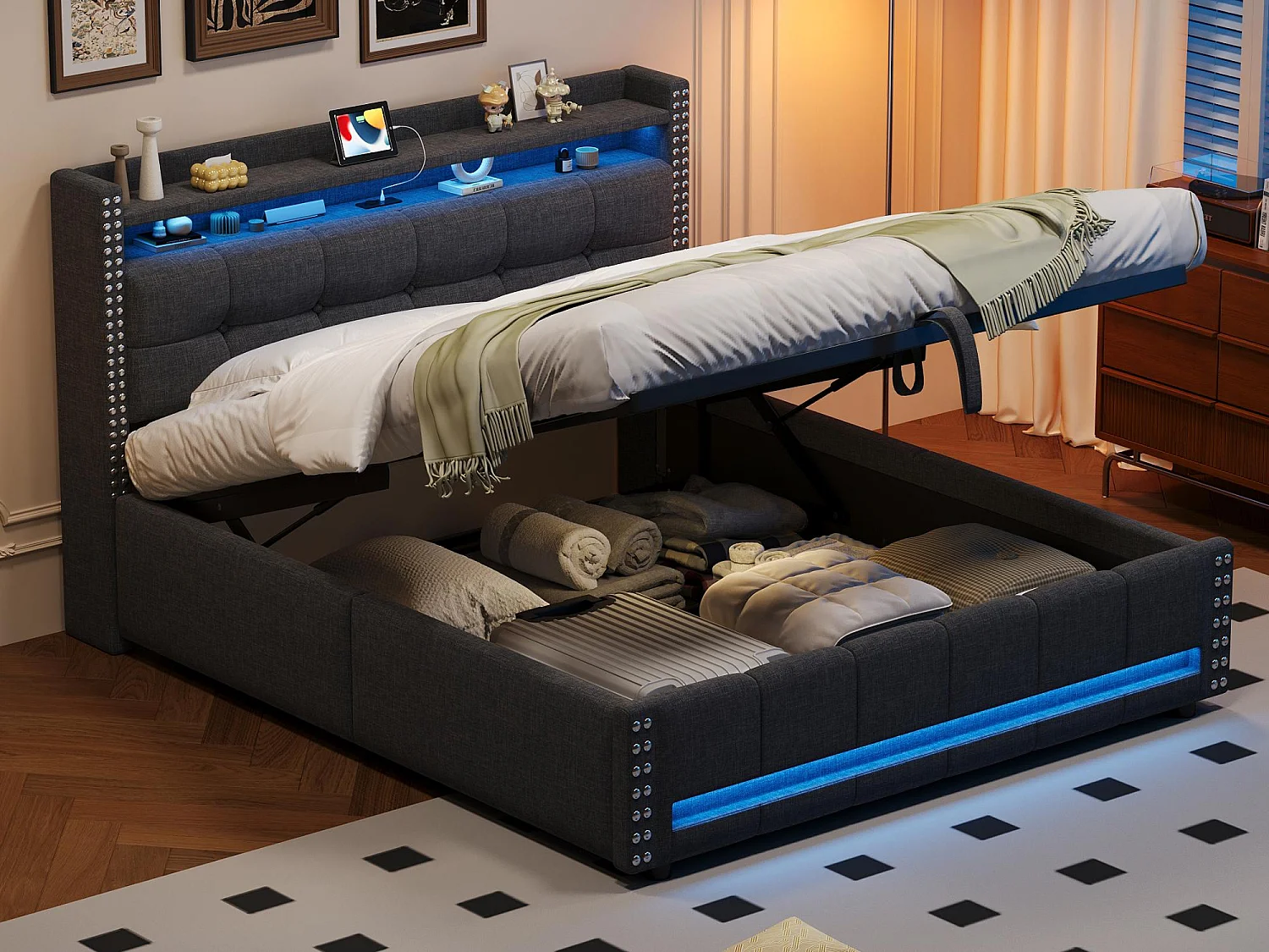 Linnenopbergbed 160x200cm - met LED & USB-aansluiting - met lattenbodem - Grijs