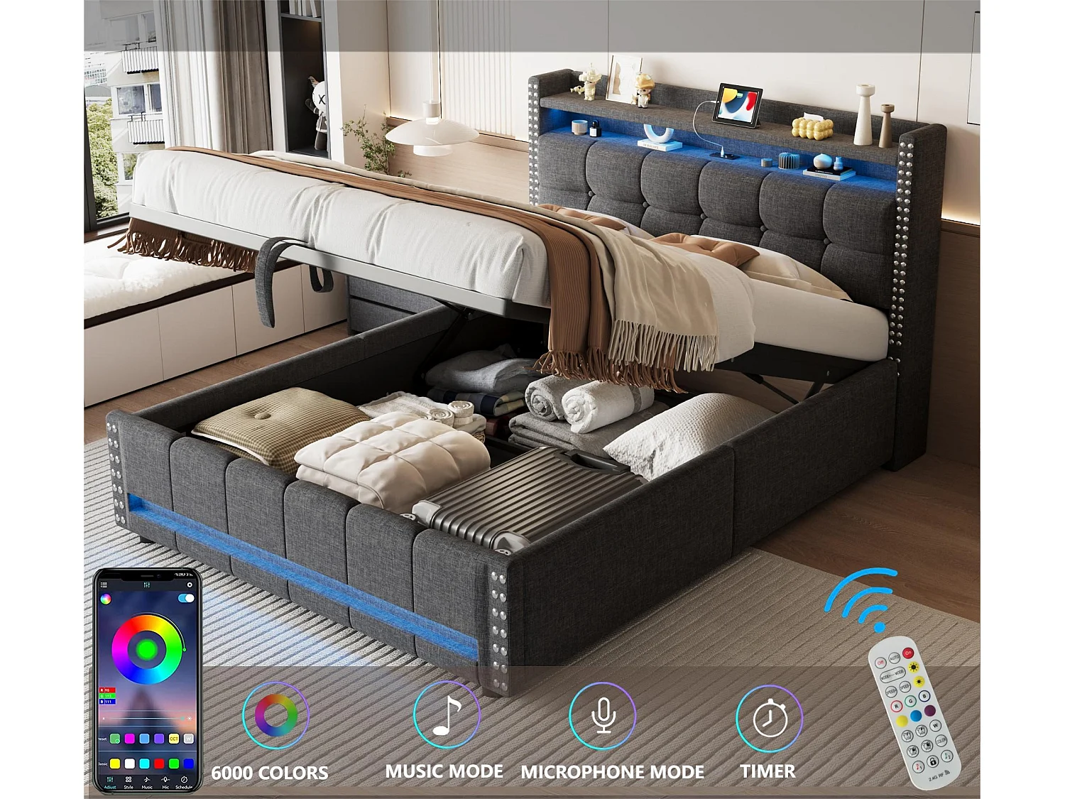 Linnenopbergbed 160x200cm - met LED & USB-aansluiting - met lattenbodem - Grijs