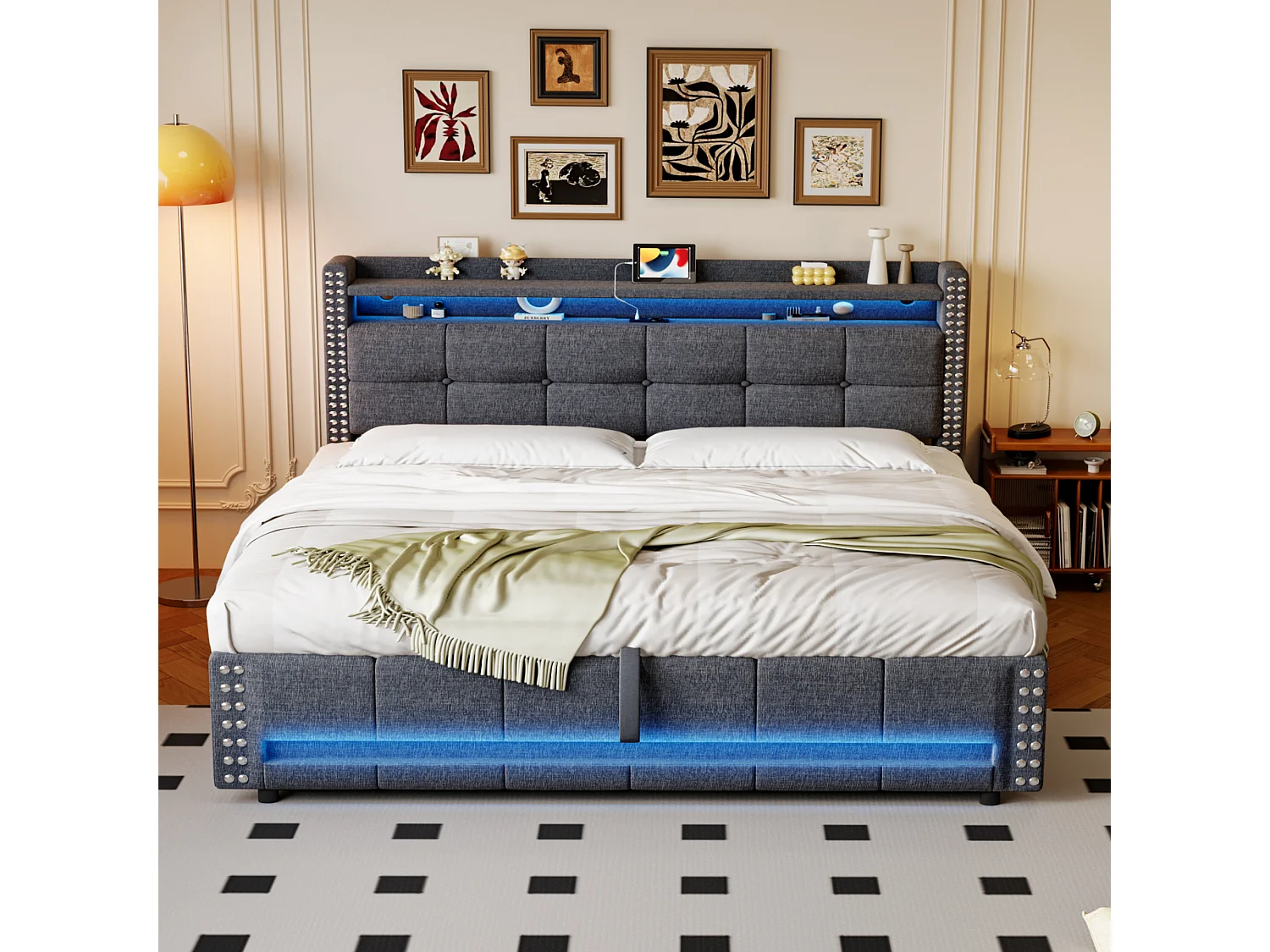 Linnenopbergbed 160x200cm - met LED & USB-aansluiting - met lattenbodem - Grijs