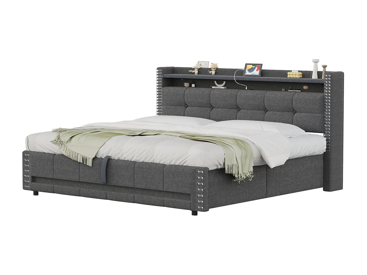 Linnenopbergbed 160x200cm - met LED & USB-aansluiting - met lattenbodem - Grijs