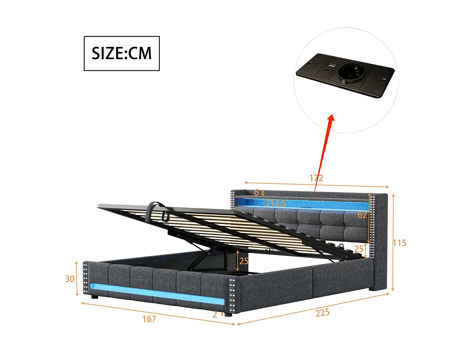 Linnenopbergbed 160x200cm - met LED & USB-aansluiting - met lattenbodem - Grijs