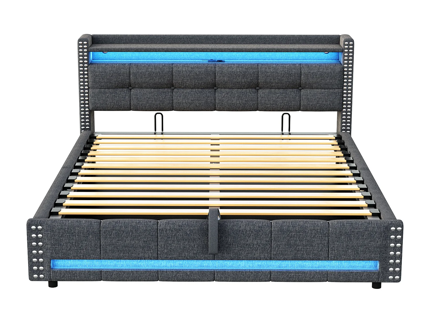 Linnenopbergbed 160x200cm - met LED & USB-aansluiting - met lattenbodem - Grijs