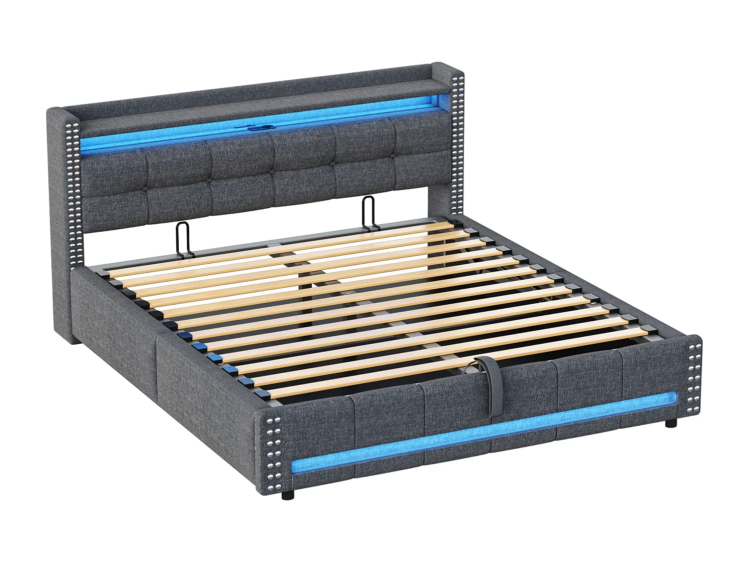 Linnenopbergbed 160x200cm - met LED & USB-aansluiting - met lattenbodem - Grijs