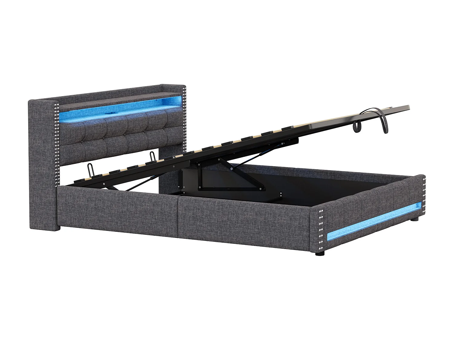 Linnenopbergbed 160x200cm - met LED & USB-aansluiting - met lattenbodem - Grijs