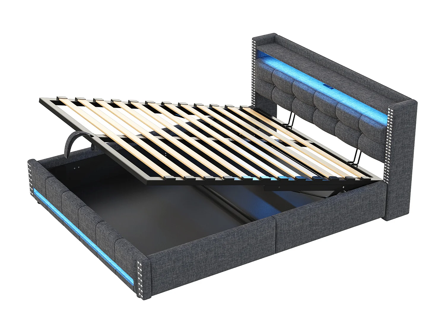 Linnenopbergbed 160x200cm - met LED & USB-aansluiting - met lattenbodem - Grijs