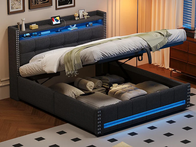 Linnenopbergbed 160x200cm - met LED & USB-aansluiting - met lattenbodem - Grijs