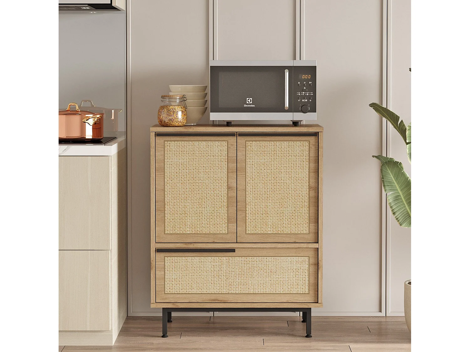 Meuble de cuisine Evelis L75xH90cm Bois et Rotin clair