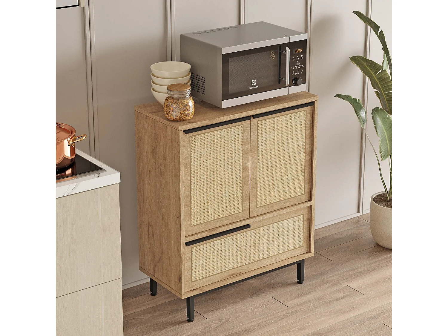 Meuble de cuisine Evelis L75xH90cm Bois et Rotin clair