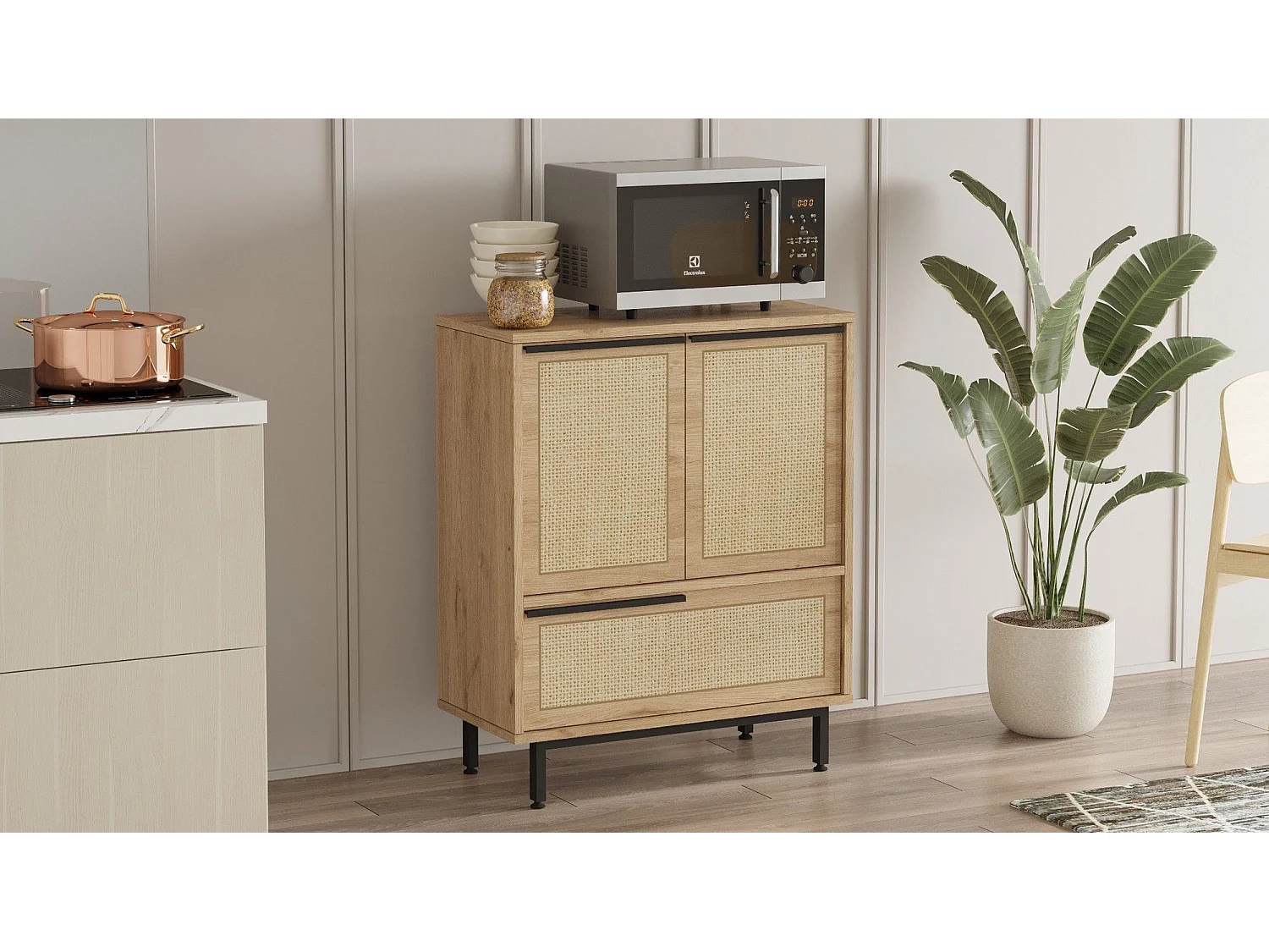 Meuble de cuisine Evelis L75xH90cm Bois et Rotin clair