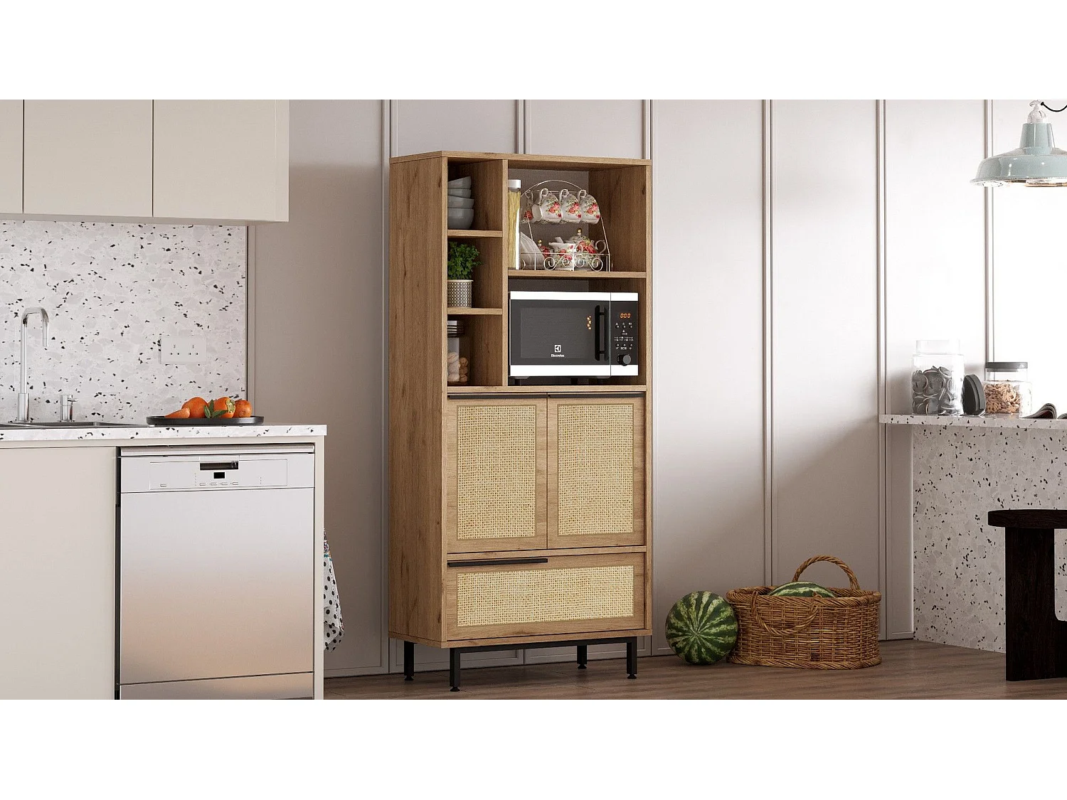 Meuble de cuisine Evelis L75cm Bois et Rotin clair