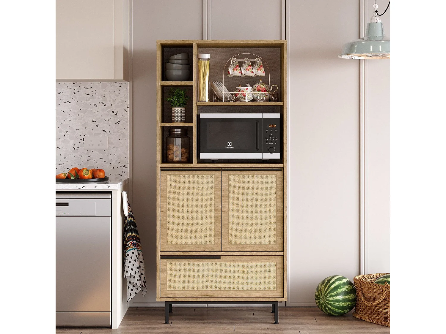 Meuble de cuisine Evelis L75cm Bois et Rotin clair