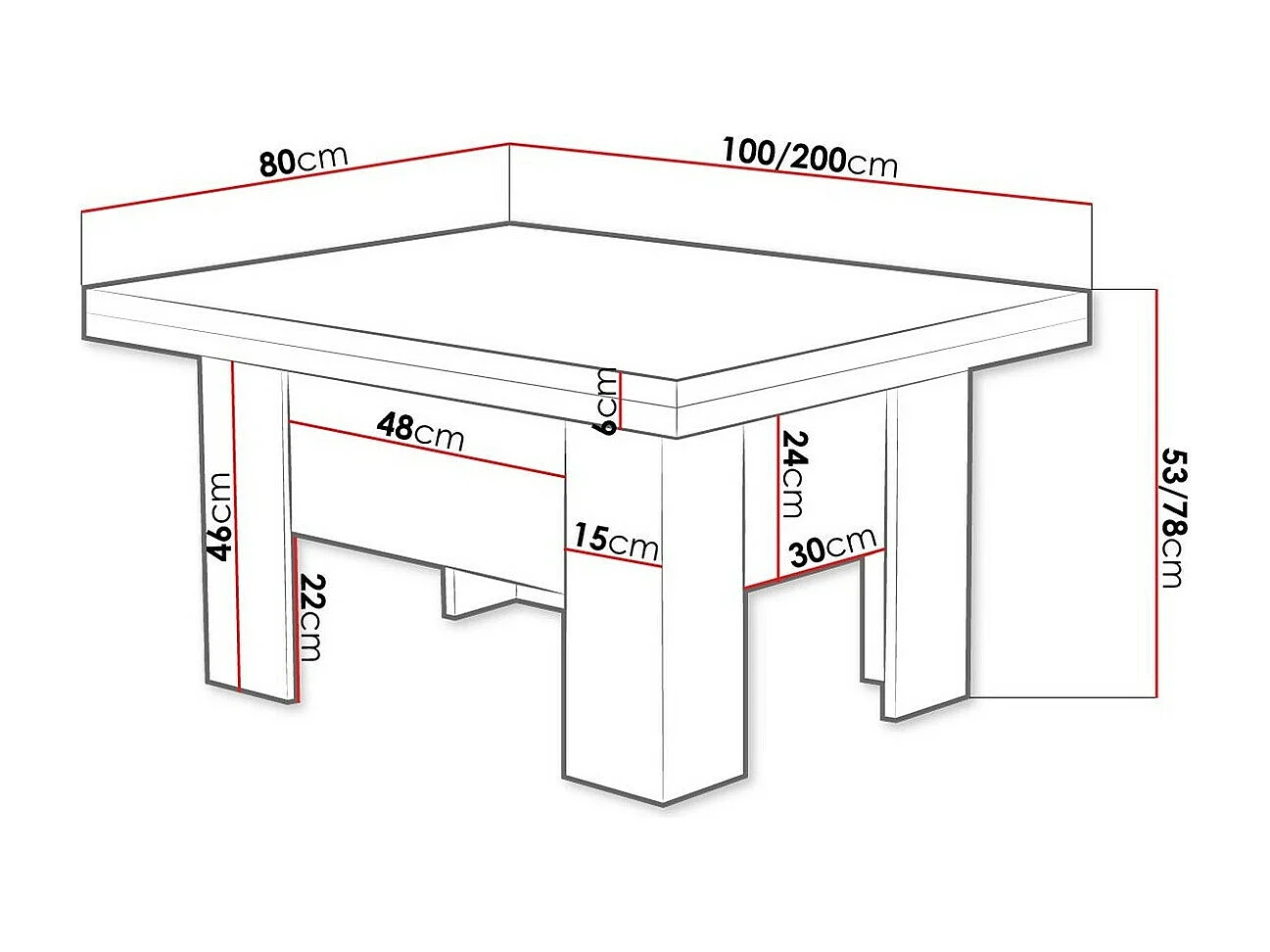 Mesa de café convertible Stanton 102, Blanco, 53x80x100cm, Aglomerado laminado, Angular