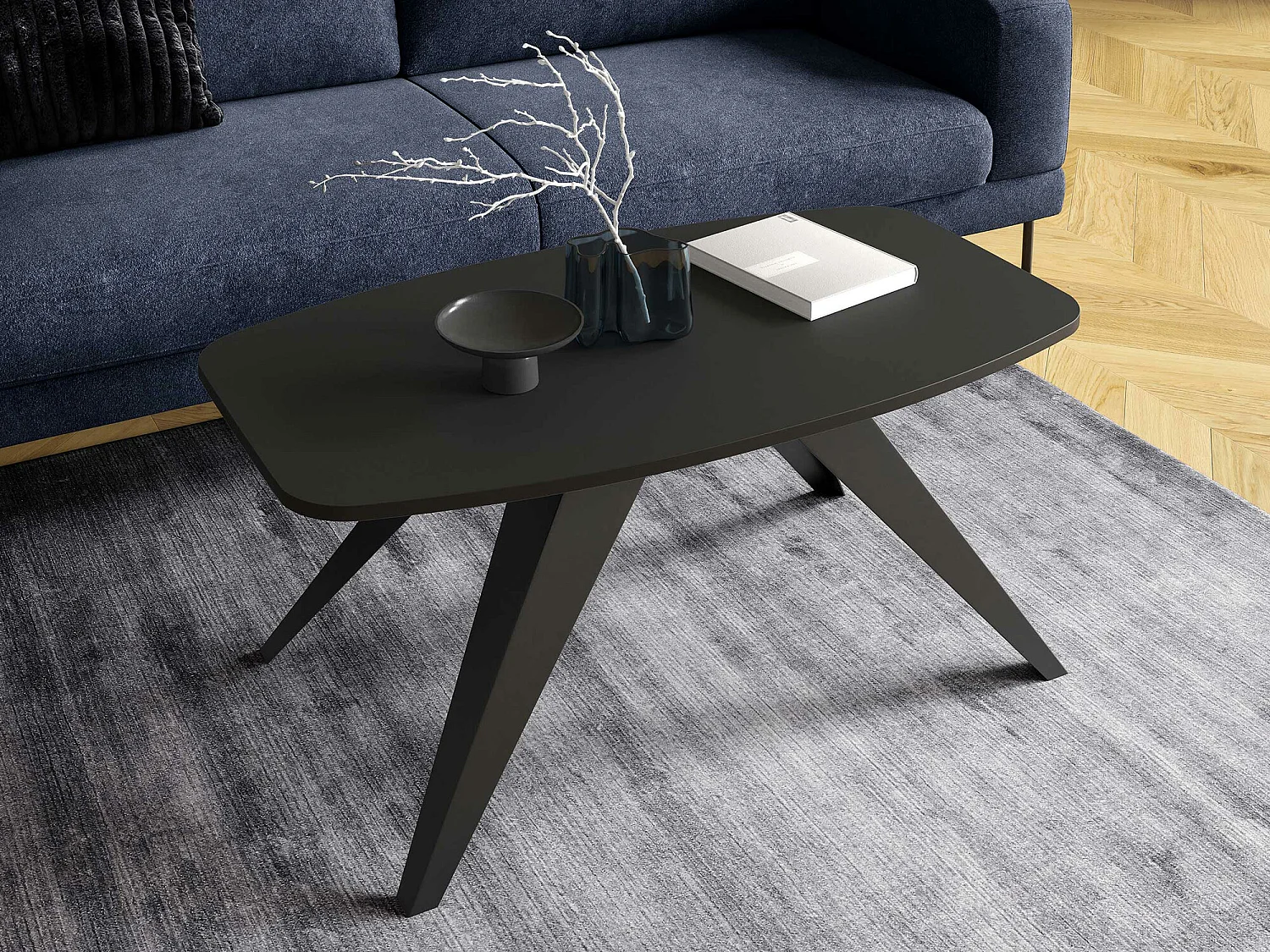 Table basse Oswego 117, Noir, 48x60x120cm, Stratifié, Angulaire