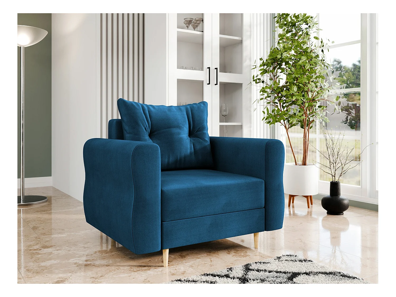 Sillón Veldala 104, Azul, 85x106x77cm, Tapiz, Patas: Madera