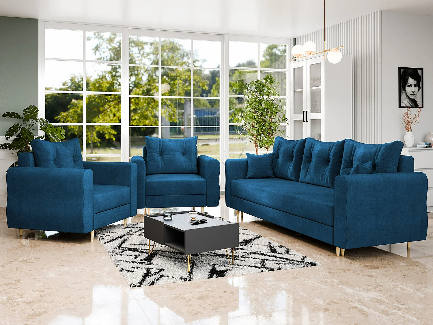 Sillón Veldala 104, Azul, 85x106x77cm, Tapiz, Patas: Madera