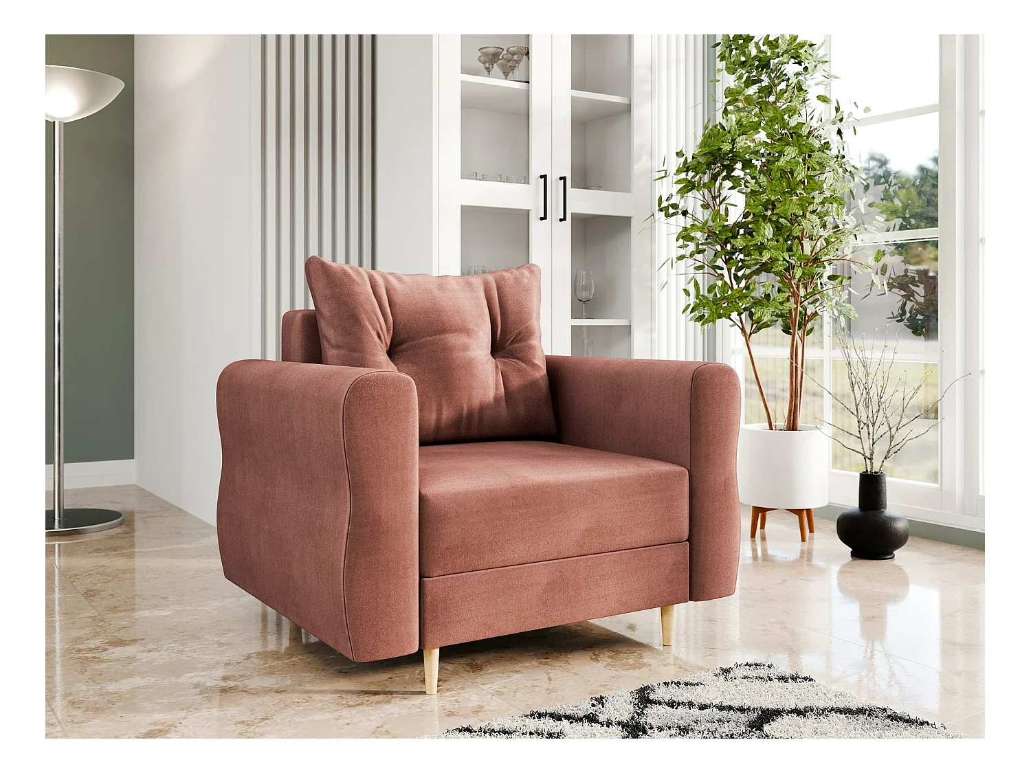 Fauteuil Veldala 104, Rose, 85x106x77cm, Tapisserie, Pieds: Bois