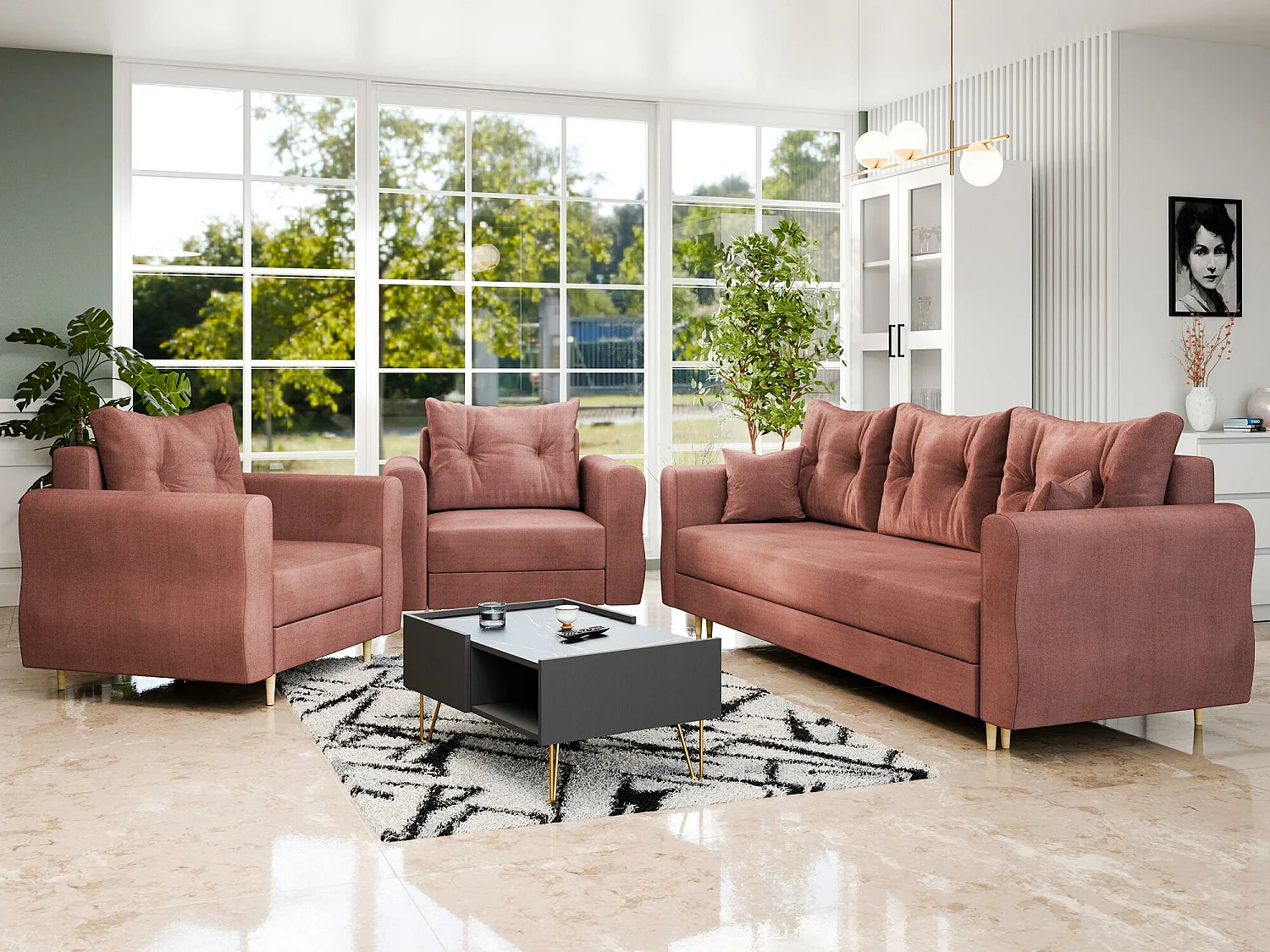 Sillón Veldala 104, Rosa, 85x106x77cm, Tapiz, Patas: Madera