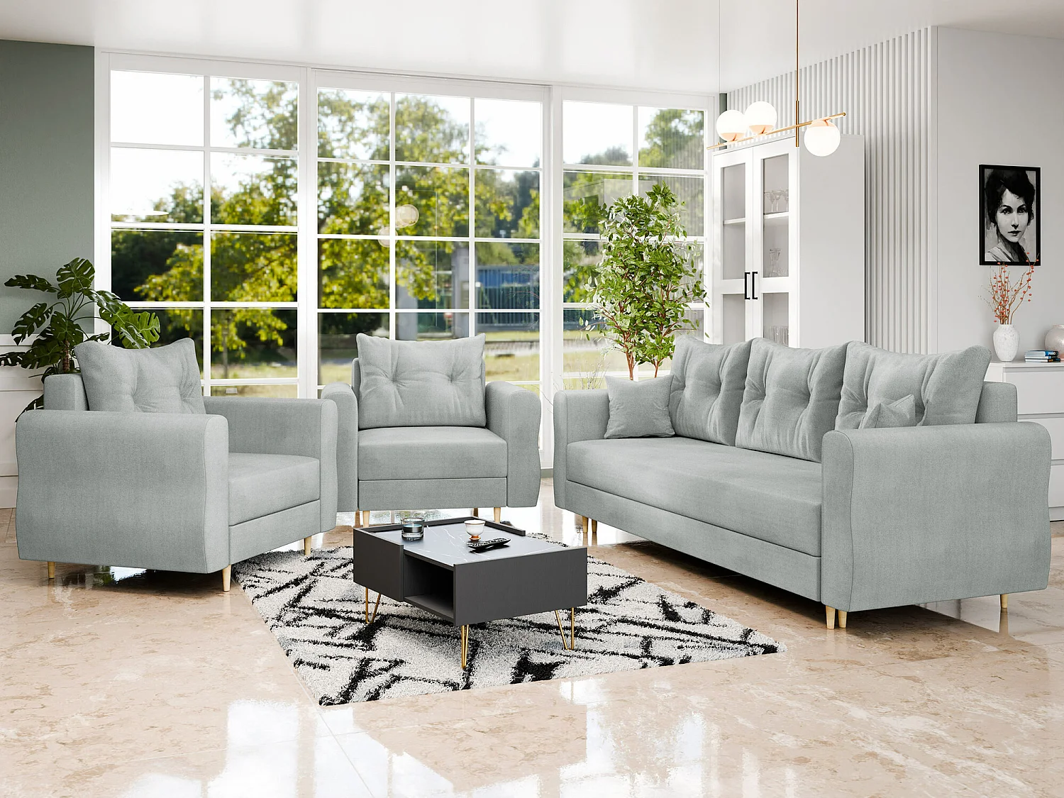 Fauteuil Veldala 104, Gris, 85x106x77cm, Tapisserie, Pieds: Bois