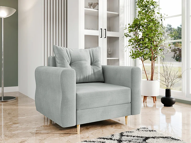 Fauteuil Veldala 104, Gris, 85x106x77cm, Tissu, Pieds: Bois