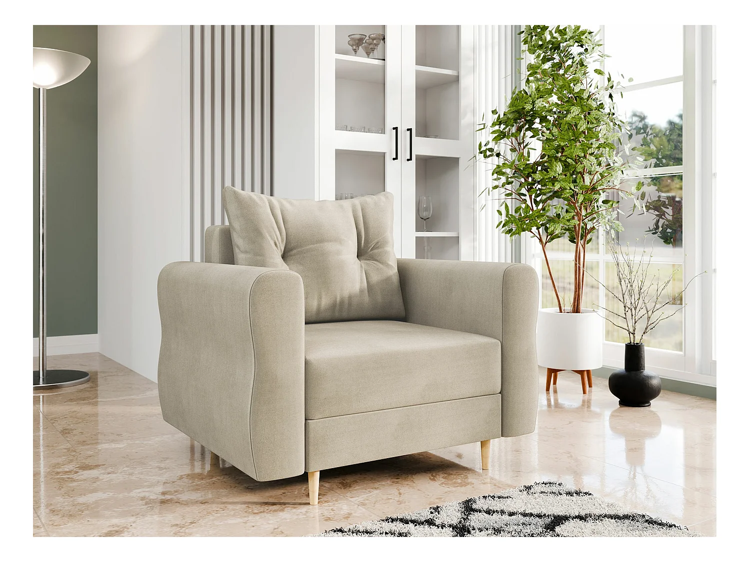 Fauteuil Veldala 104, Brun clair, 85x106x77cm, Tapisserie, Pieds: Bois