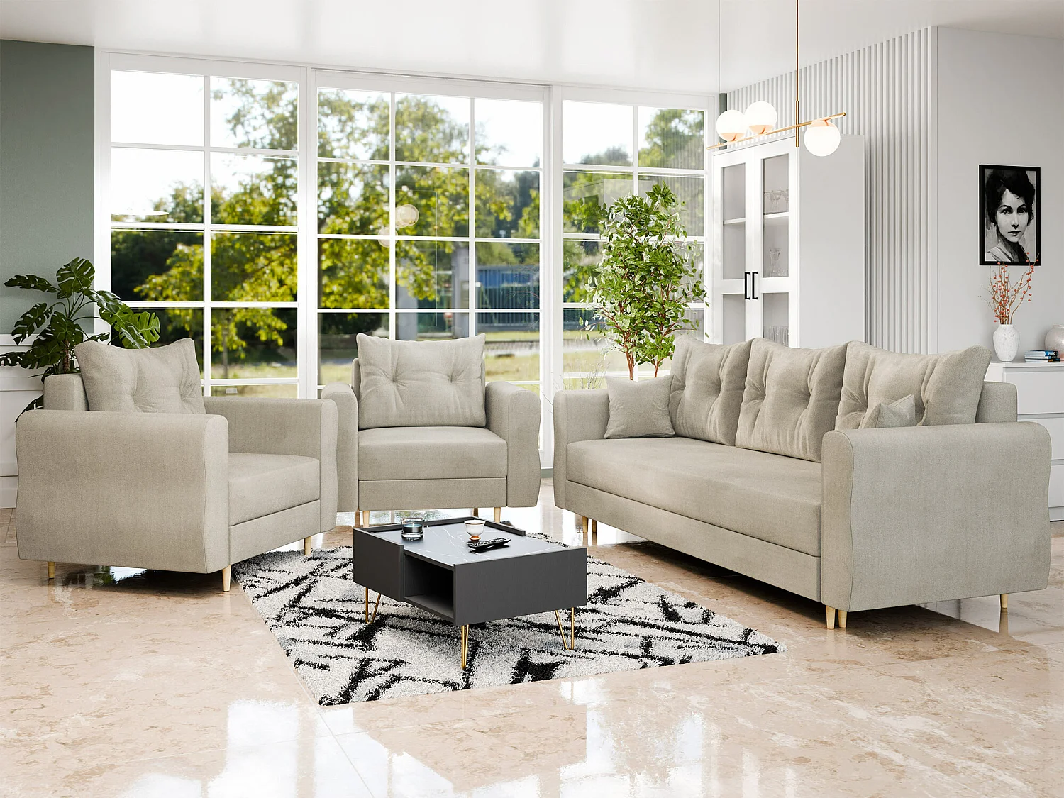 Fauteuil Veldala 104, Brun clair, 85x106x77cm, Tissu, Pieds: Bois