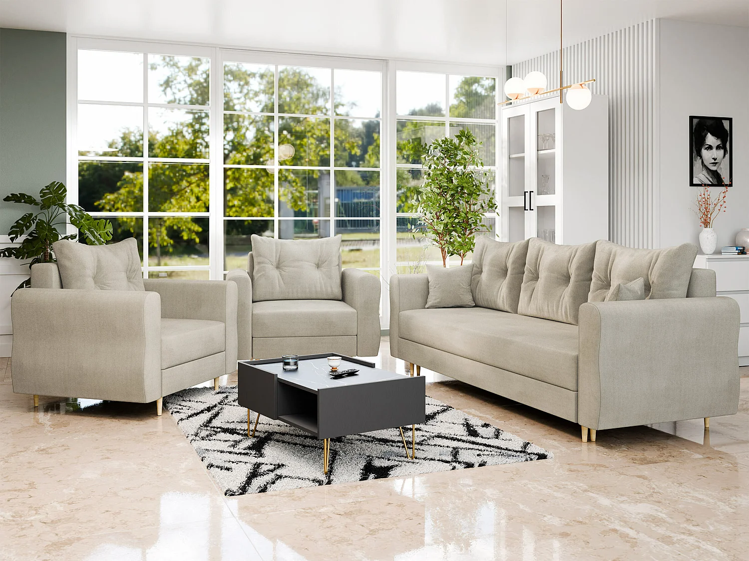 Sillón Veldala 104, De color marrón claro, 85x106x77cm, Tapiz, Patas: Madera