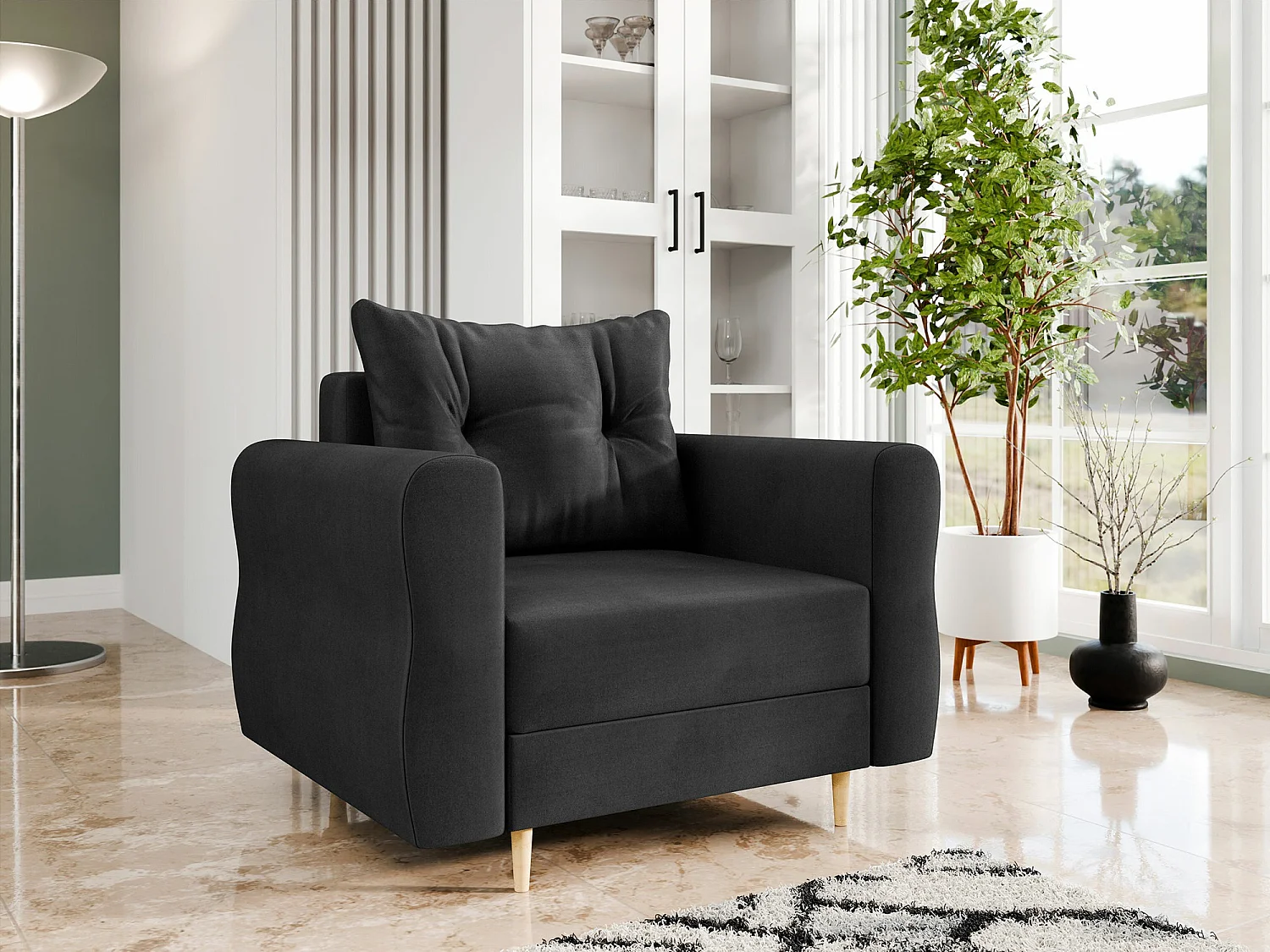 Fauteuil Veldala 104, Noir, 85x106x77cm, Tapisserie, Pieds: Bois