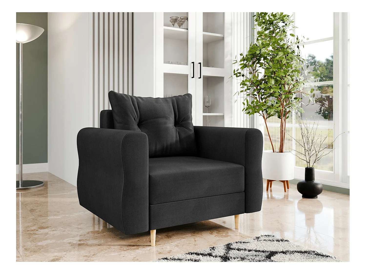 Sillón Veldala 104, Negro, 85x106x77cm, Tapiz, Patas: Madera