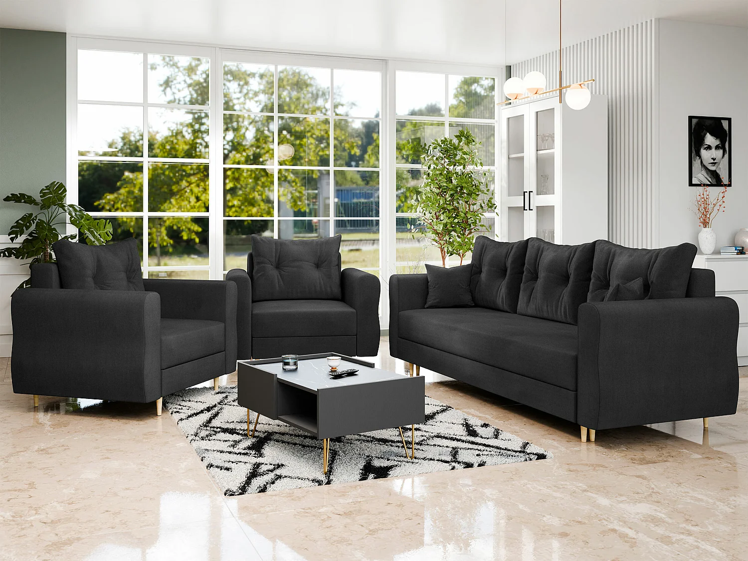 Sillón Veldala 104, Negro, 85x106x77cm, Tapiz, Patas: Madera