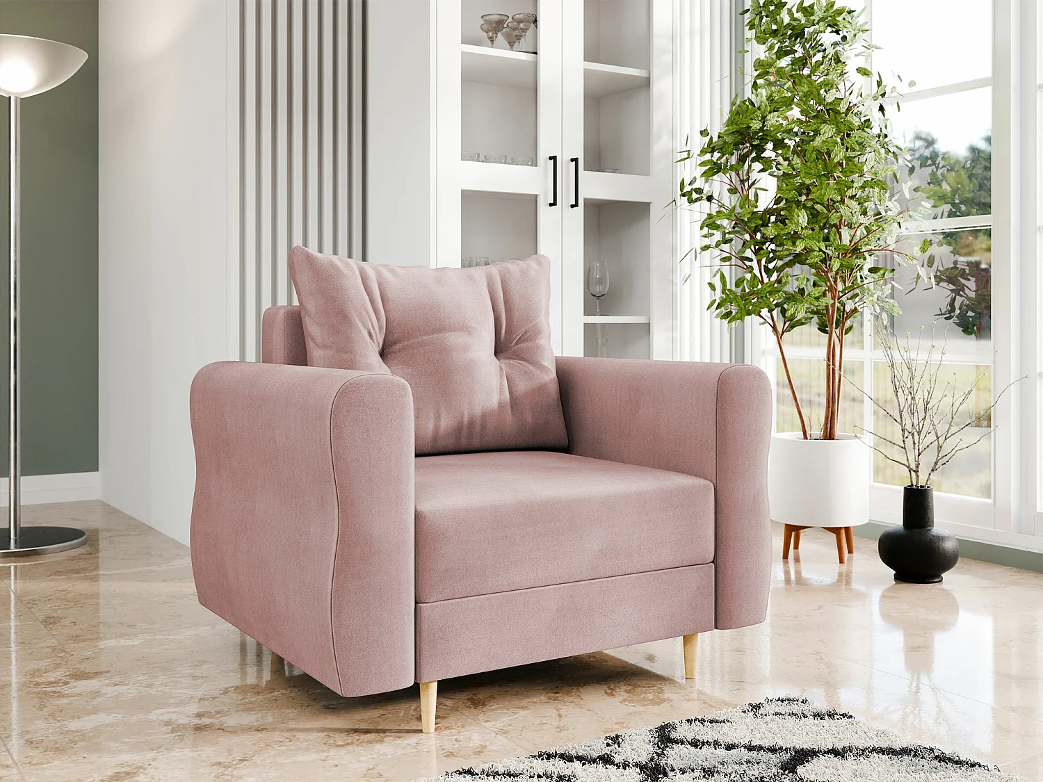 Fauteuil Veldala 104, Rose, 85x106x77cm, Tapisserie, Pieds: Bois