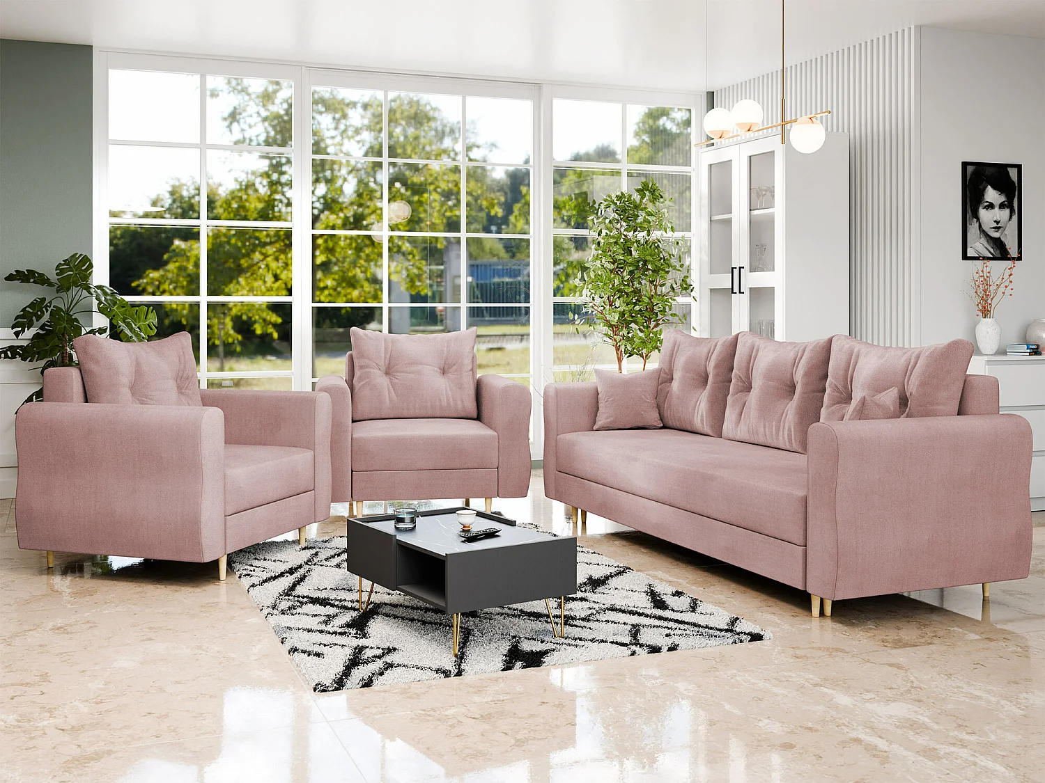 Fauteuil Veldala 104, Rose, 85x106x77cm, Tapisserie, Pieds: Bois