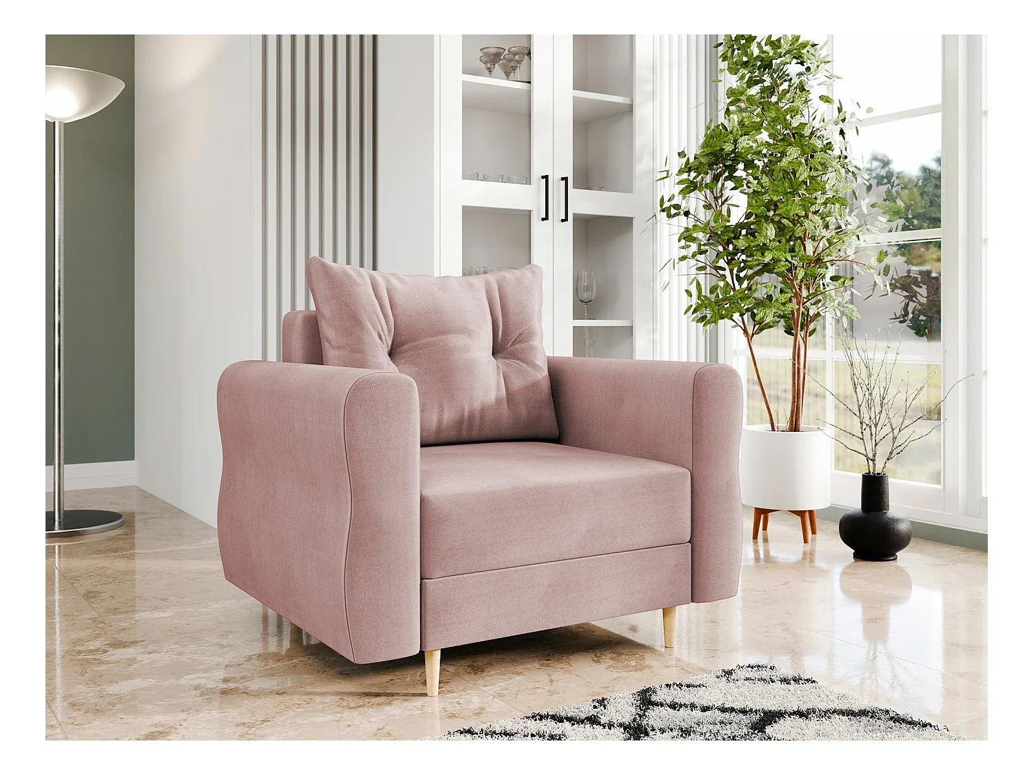 Sillón Veldala 104, Rosa, 85x106x77cm, Tapiz, Patas: Madera