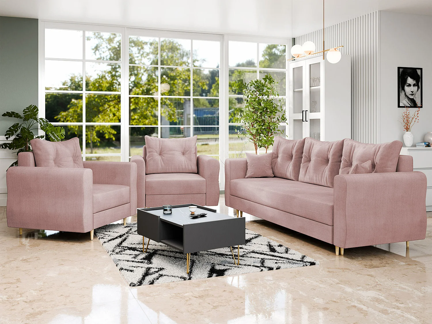 Sillón Veldala 104, Rosa, 85x106x77cm, Tapiz, Patas: Madera