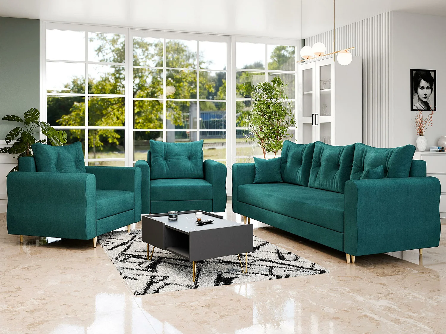 Fauteuil Veldala 104, Turquoise, 85x106x77cm, Tissu, Pieds: Bois