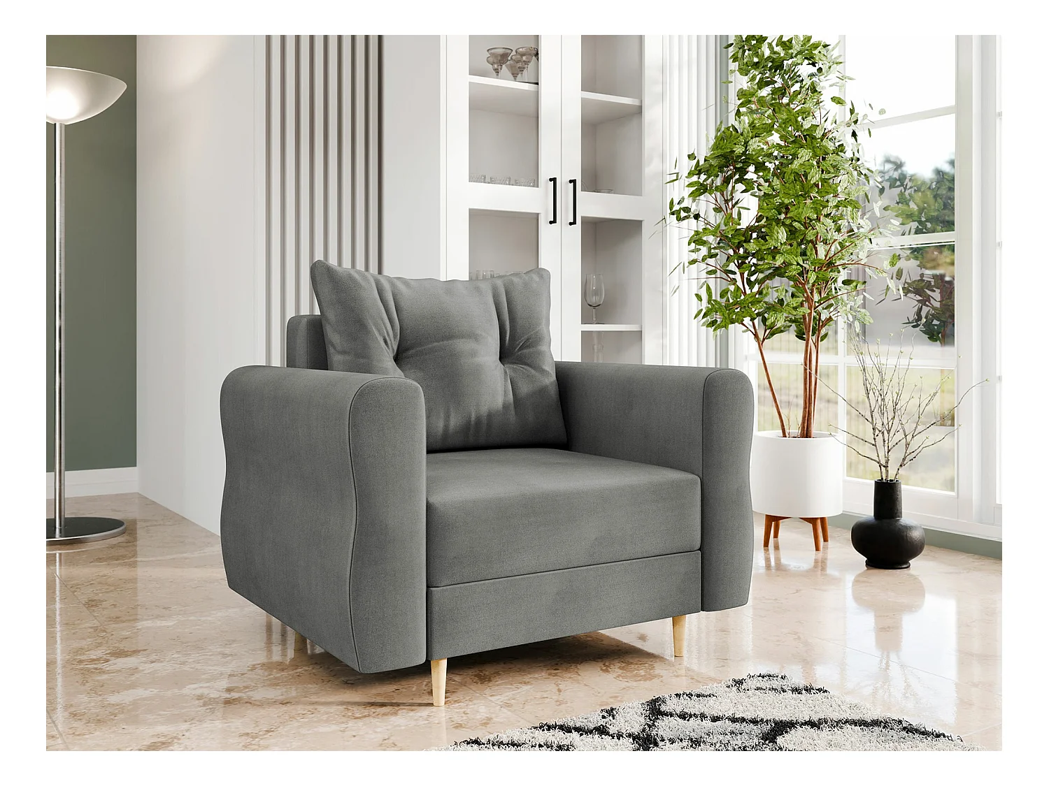 Fauteuil Veldala 104, Gris, 85x106x77cm, Tapisserie, Pieds: Bois