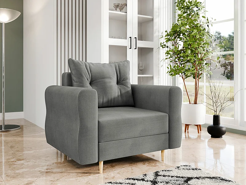 Fauteuil Veldala 104, Gris, 85x106x77cm, Tissu, Pieds: Bois