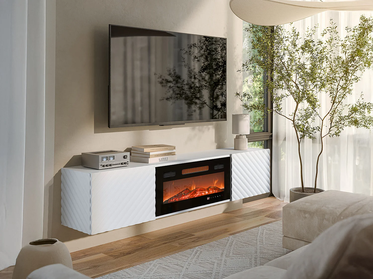 Meuble TV Charlotte 207, Blanc, 183x37x35cm