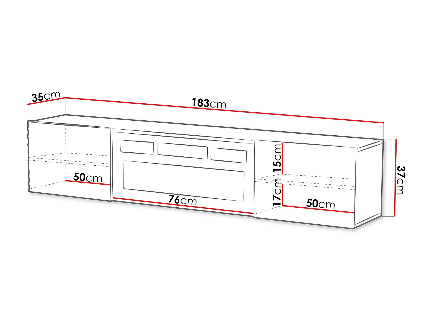 Meuble TV Charlotte 206, Blanc, 183x37x35cm