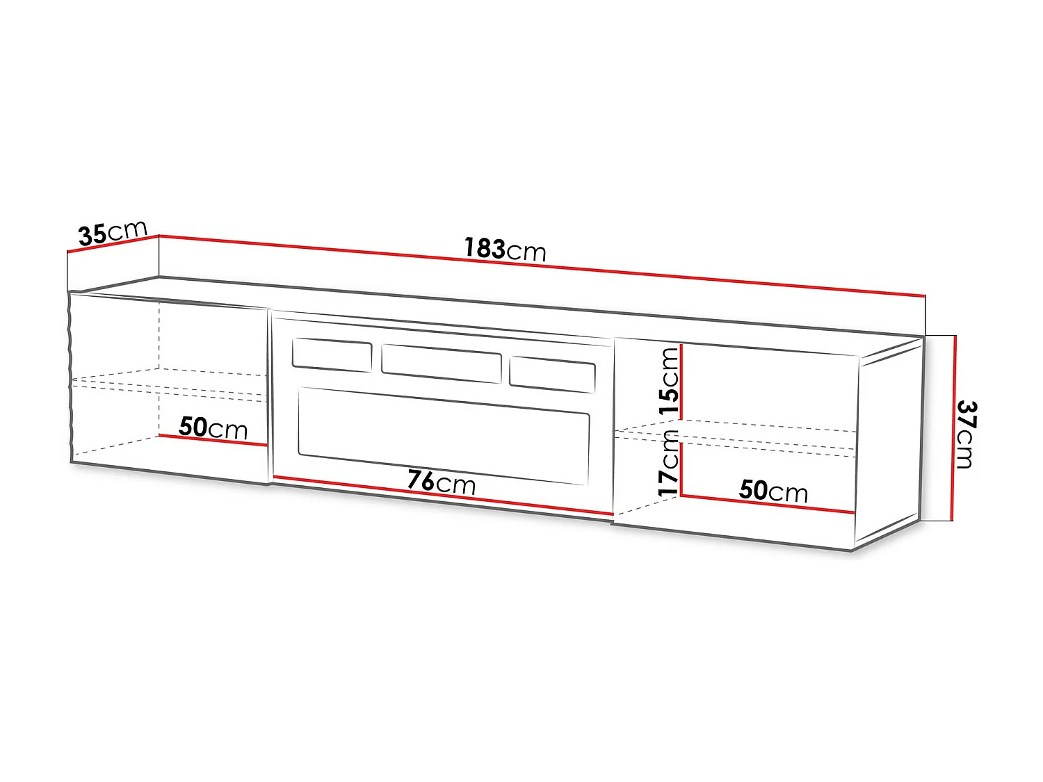 Meuble TV Charlotte 206, Noir, 183x37x35cm