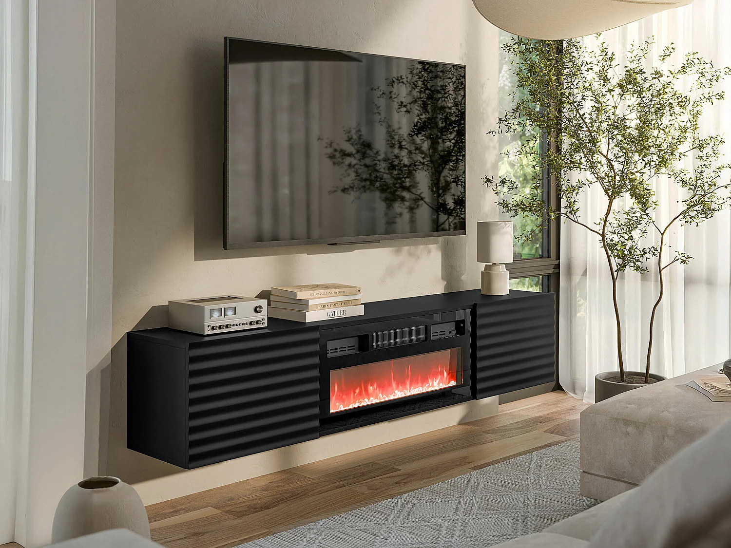 Meuble TV Charlotte 206, Noir, 183x37x35cm