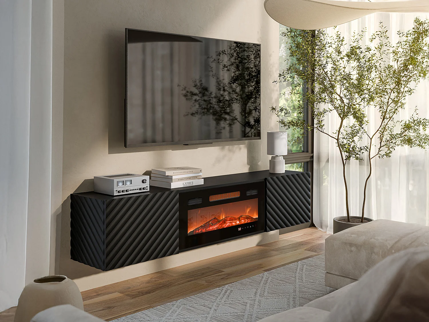 Meuble TV Charlotte 207, Noir, 183x37x35cm