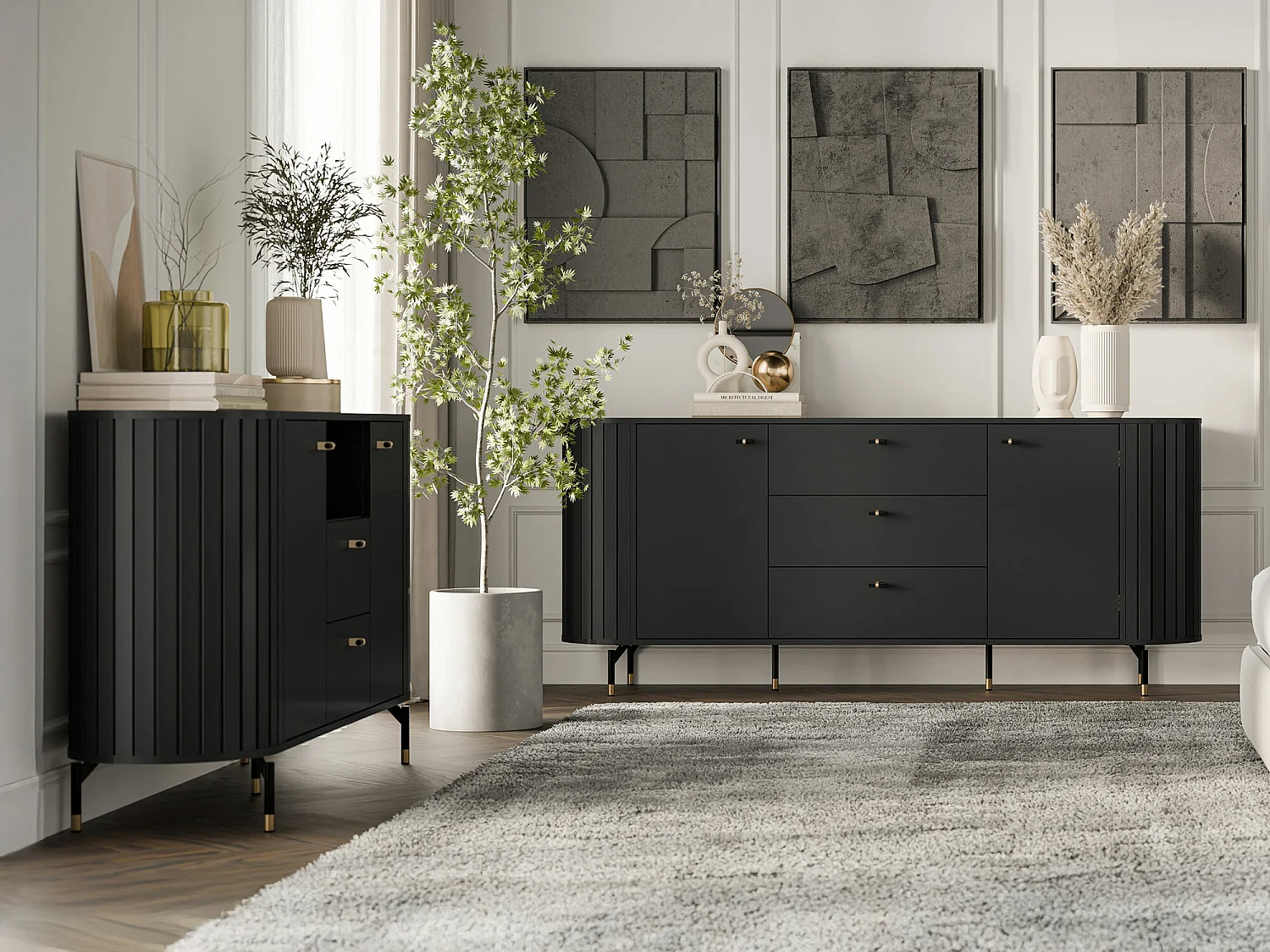 Cómoda Novmono 103, Negro, Con cajones y puertas, 81x191x40cm